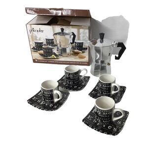 Primula 9 Pc Espresso Set Aluminum Moka Pot 4 Porcelain Cups Saucers Black White